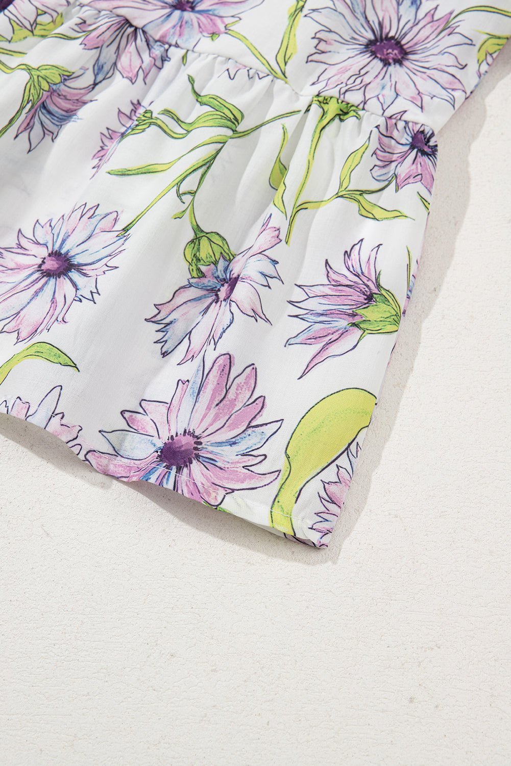 Purple Floral Print Ruffle Pop of Color Neckline Blouse - MAD RUFFI