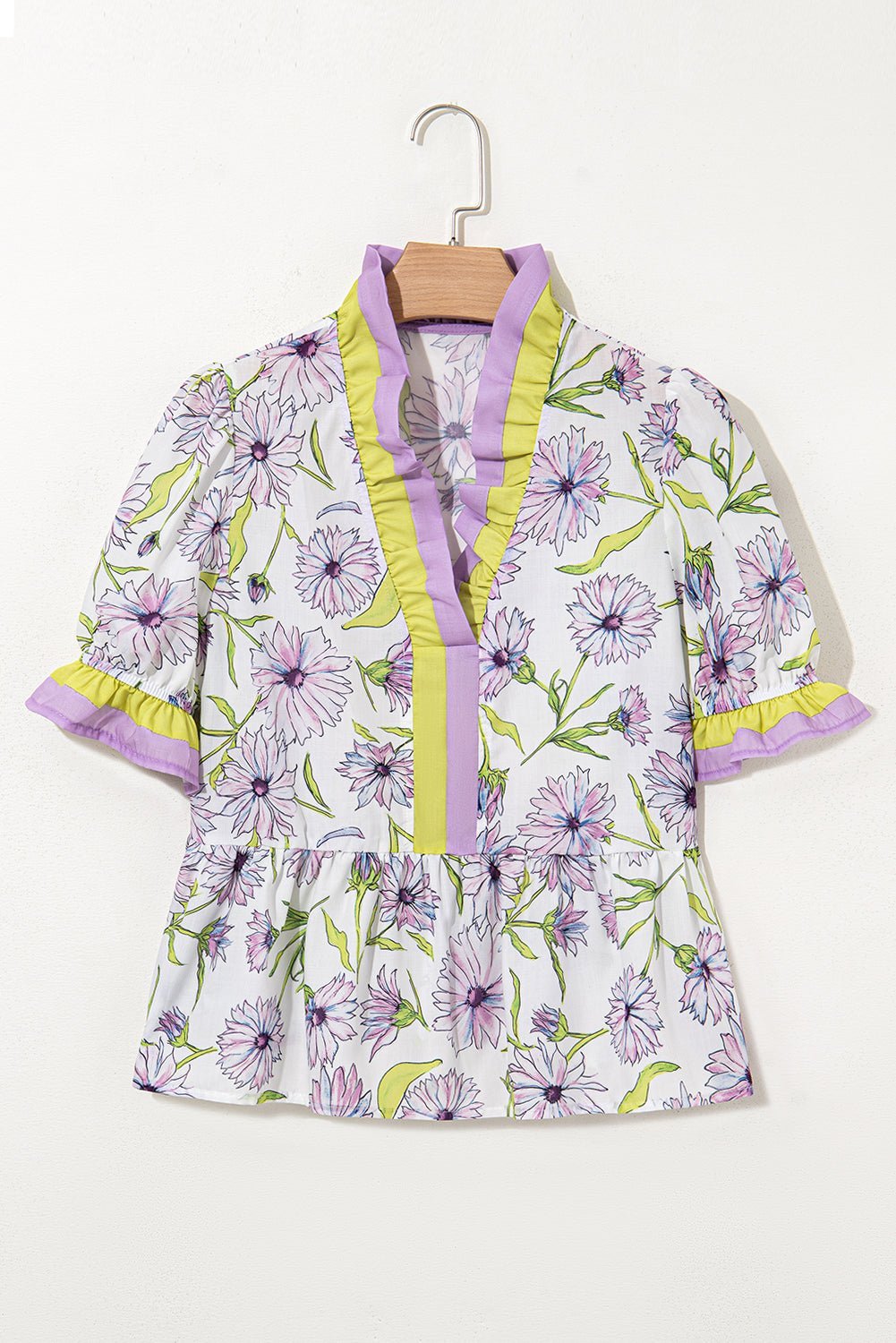 Purple Floral Print Ruffle Pop of Color Neckline Blouse - MAD RUFFI