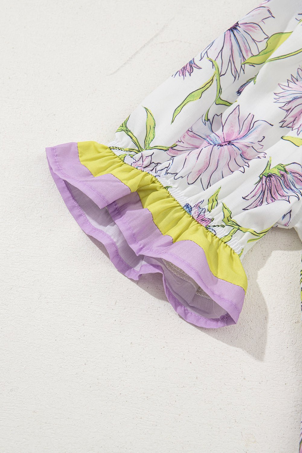 Purple Floral Print Ruffle Pop of Color Neckline Blouse - MAD RUFFI