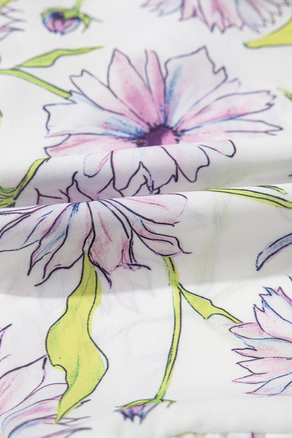 Purple Floral Print Ruffle Pop of Color Neckline Blouse - MAD RUFFI