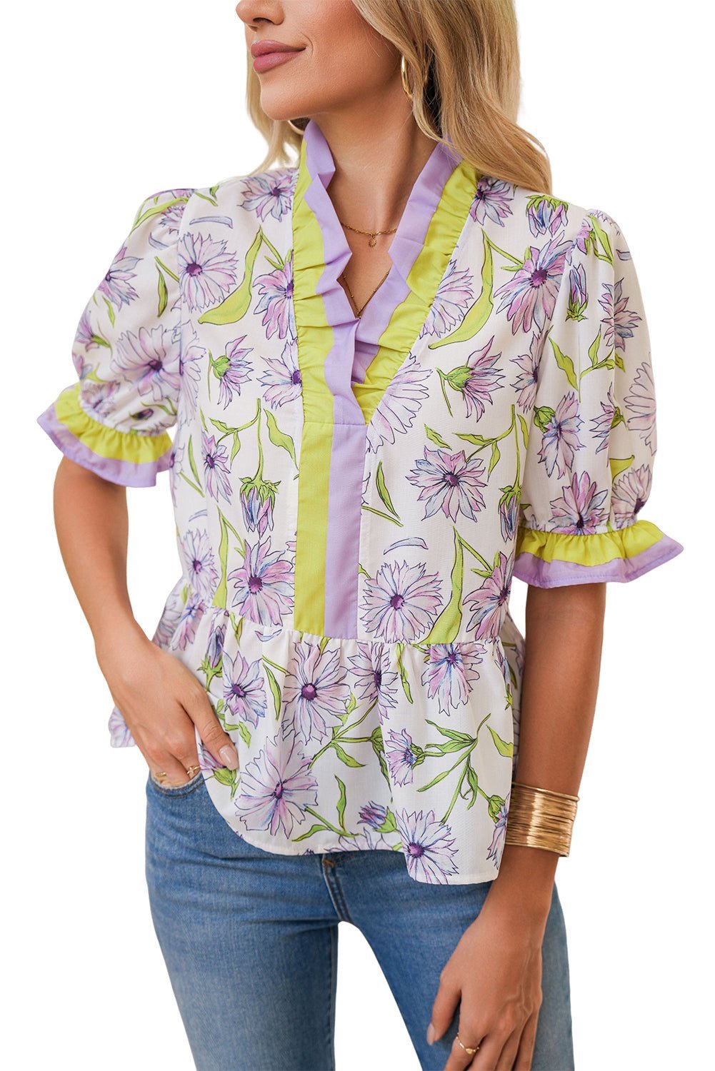 Purple Floral Print Ruffle Pop of Color Neckline Blouse - MAD RUFFI