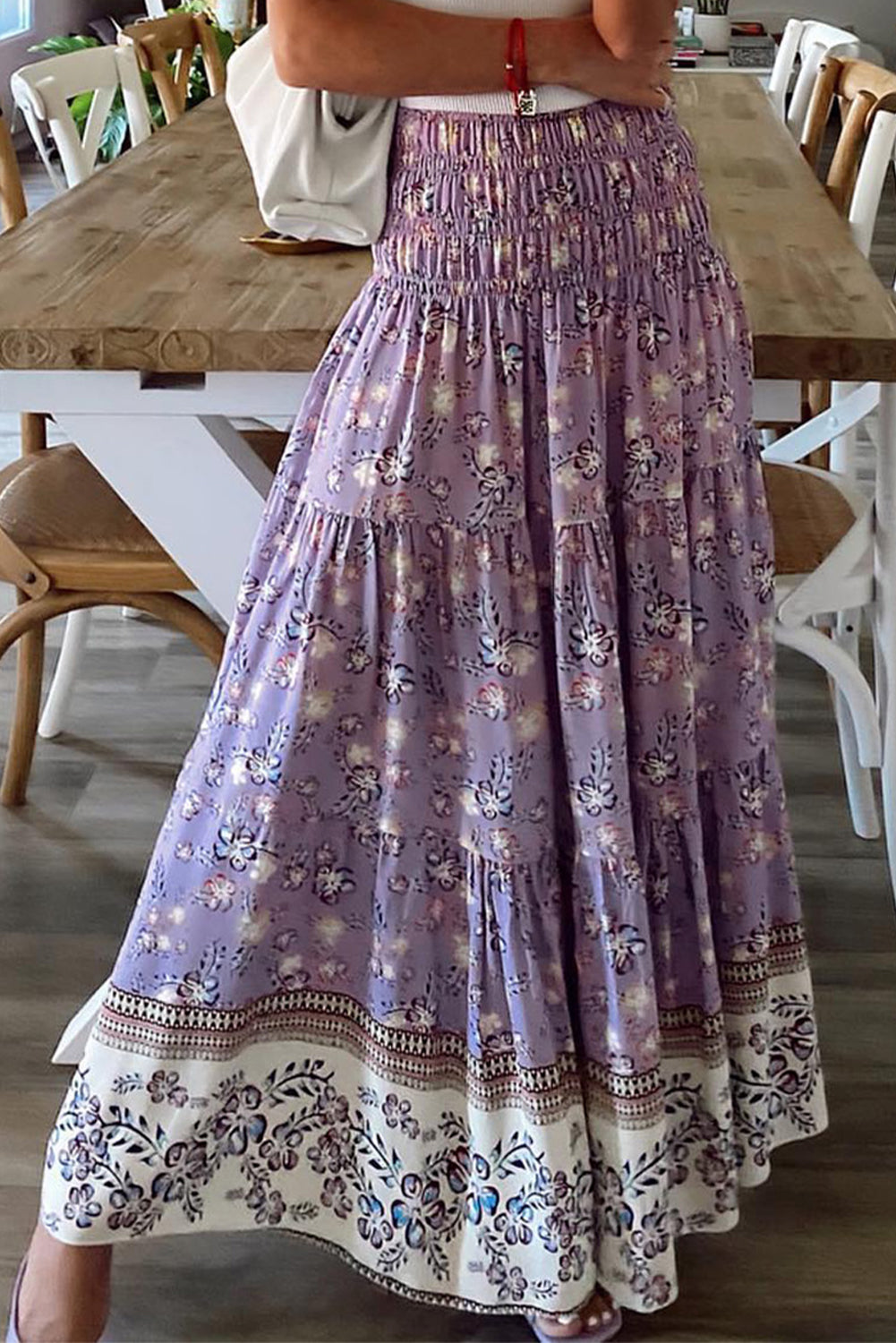 Purple Floral Print Shirred High Waist Maxi Skirt - MAD RUFFI