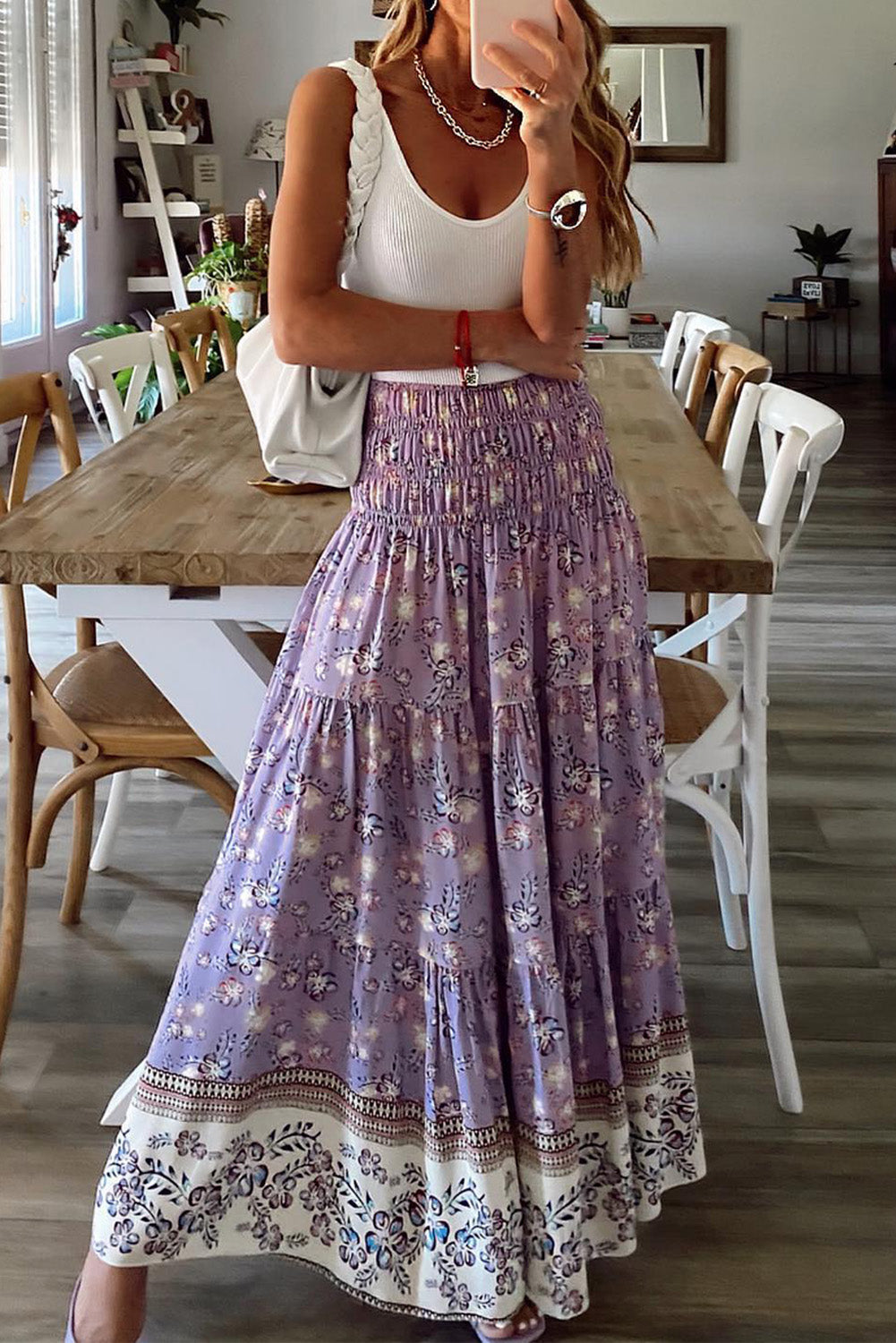 Purple Floral Print Shirred High Waist Maxi Skirt - MAD RUFFI