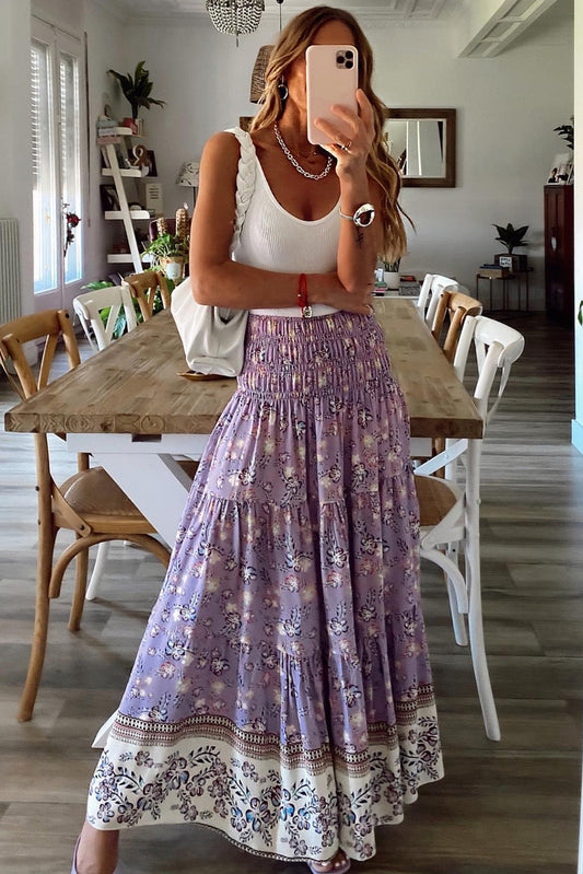 Purple Floral Print Shirred High Waist Maxi Skirt - MAD RUFFI