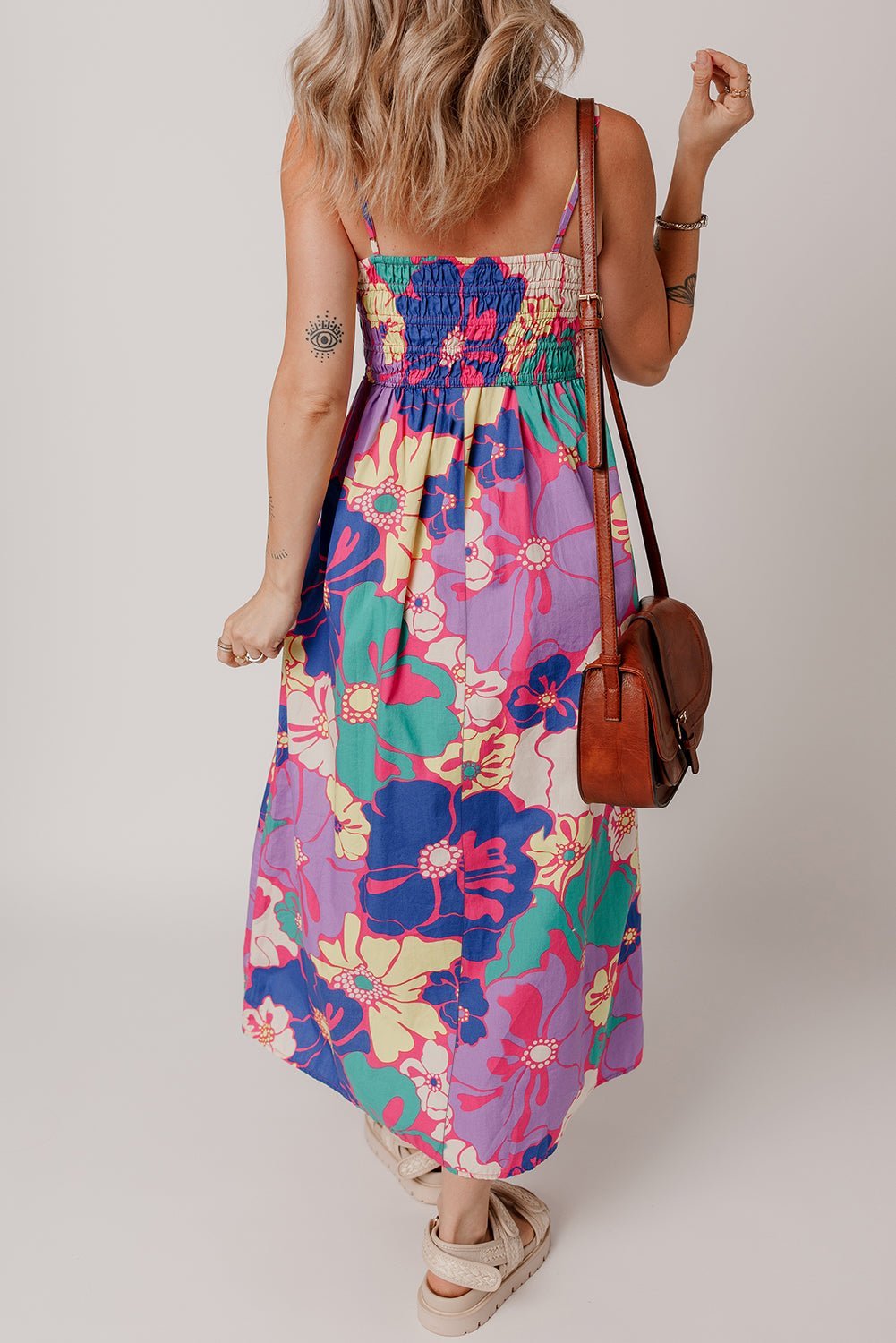 Purple Floral Print Shirred Spaghetti Strap Loose Maxi Dress - MAD RUFFI