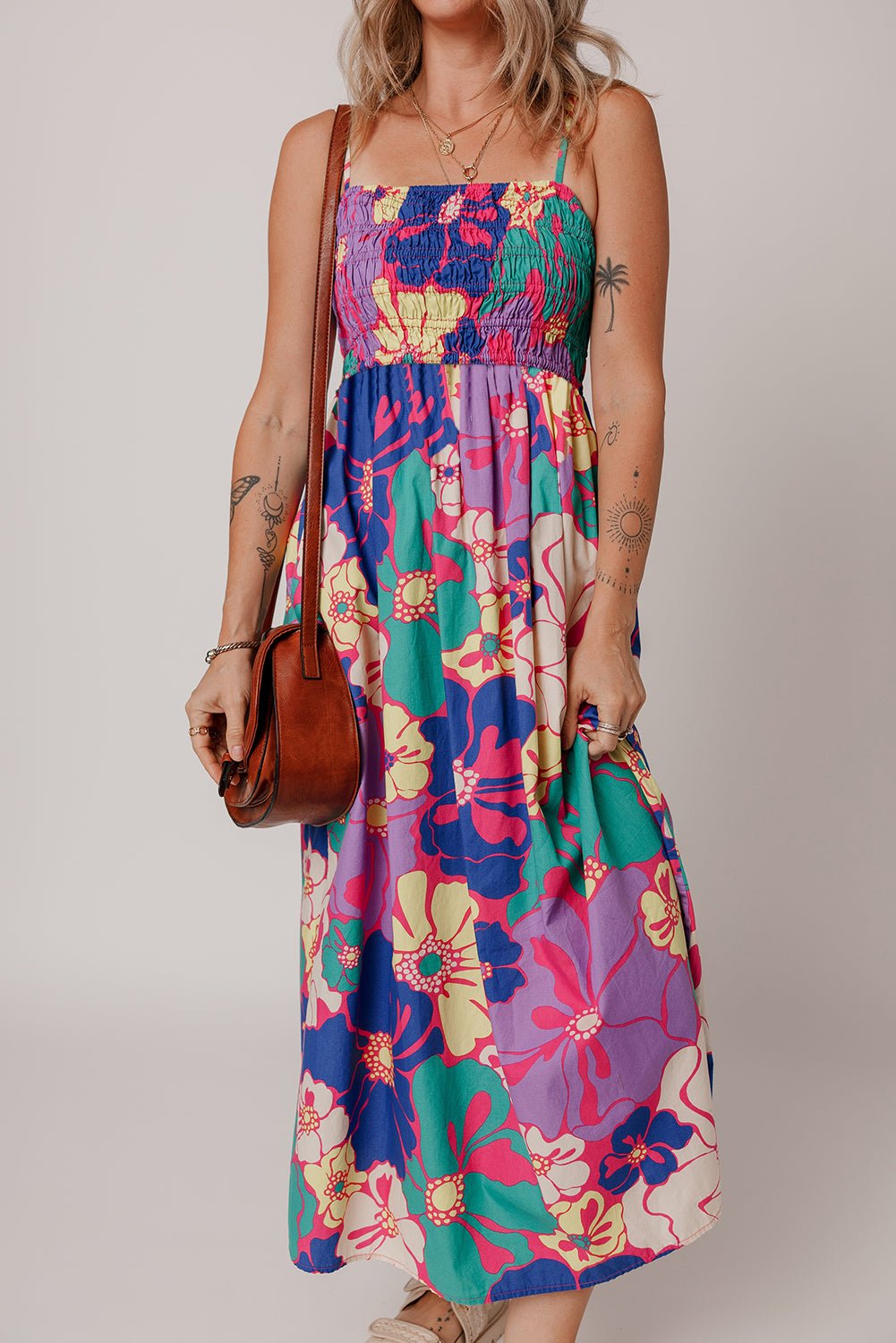 Purple Floral Print Shirred Spaghetti Strap Loose Maxi Dress - MAD RUFFI