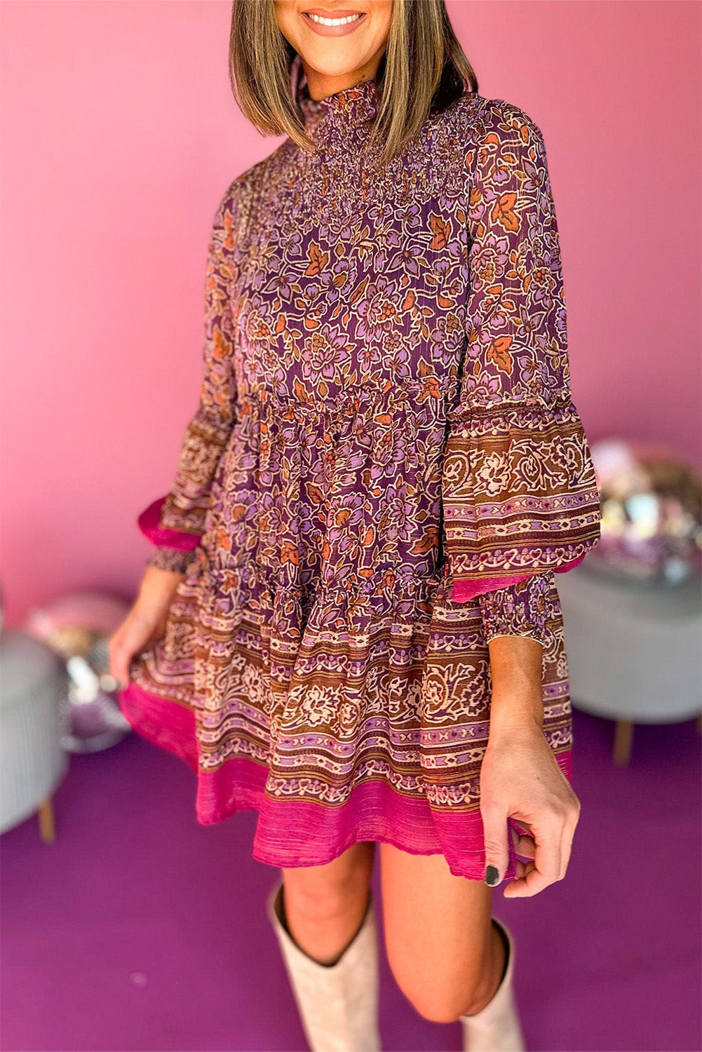 Purple Floral Print Smocked Puff Sleeve High Neck Mini Dress - MAD RUFFI