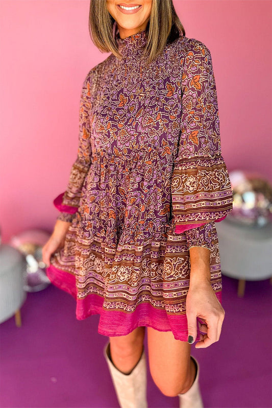 Purple Floral Print Smocked Puff Sleeve High Neck Mini Dress - MAD RUFFI