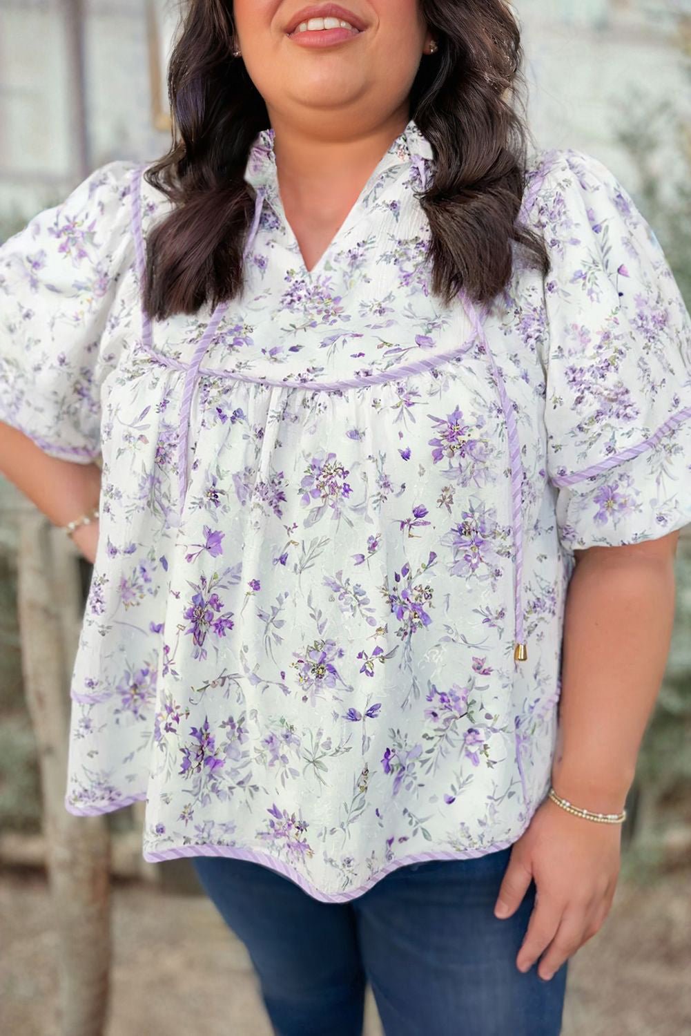 Purple Floral Print Split Neck Plus Size Top - MAD RUFFI