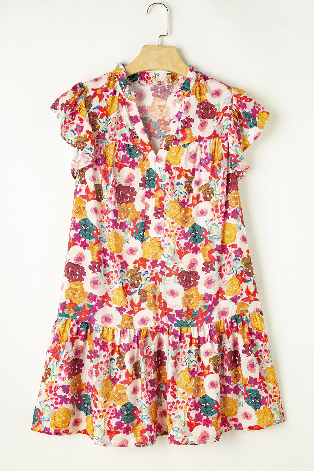 Purple Floral Print Split Neck Ruffle Mini Dress - MAD RUFFI