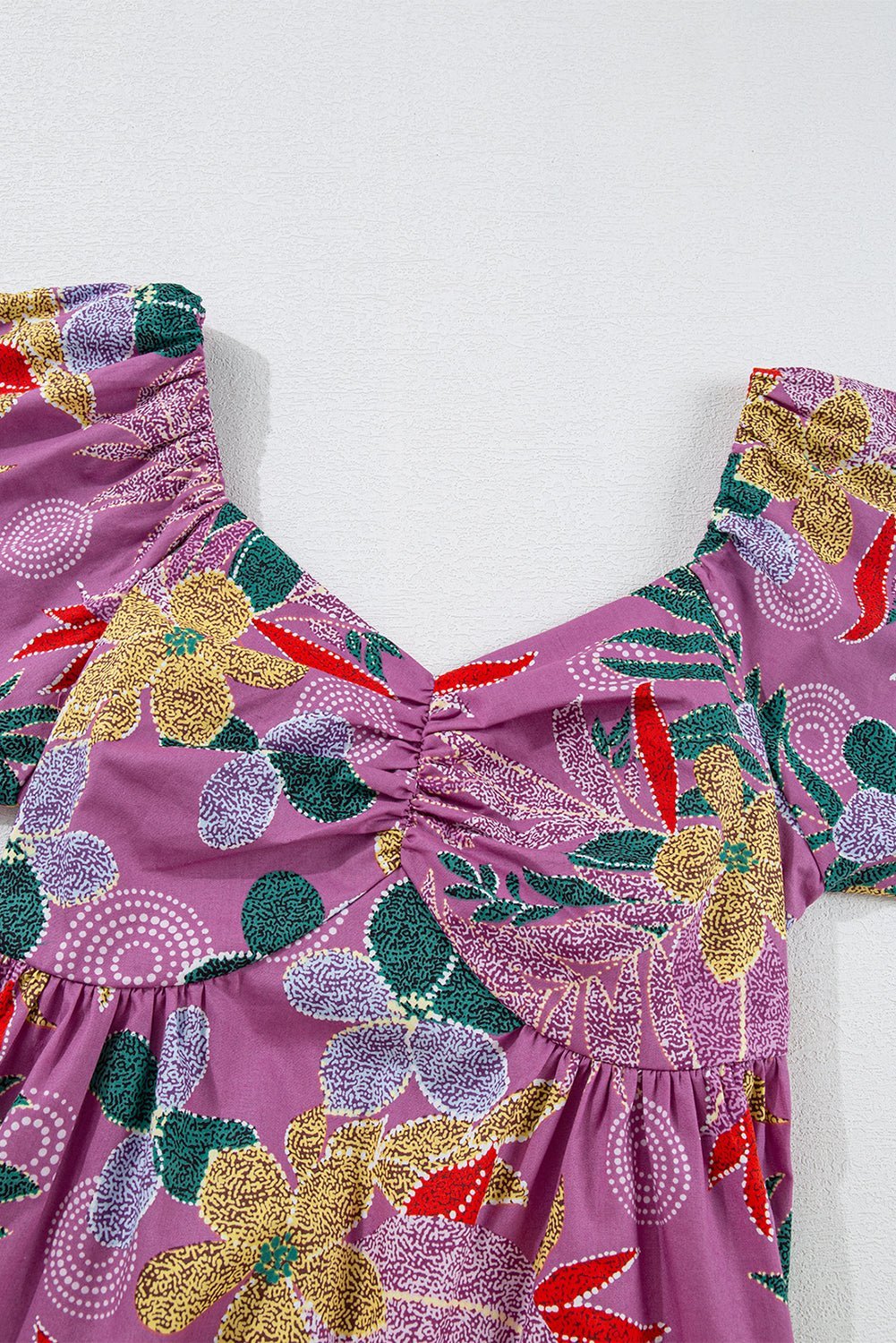 Purple Floral Print Sweetheart Neck Flutter Sleeve Blouse - MAD RUFFI