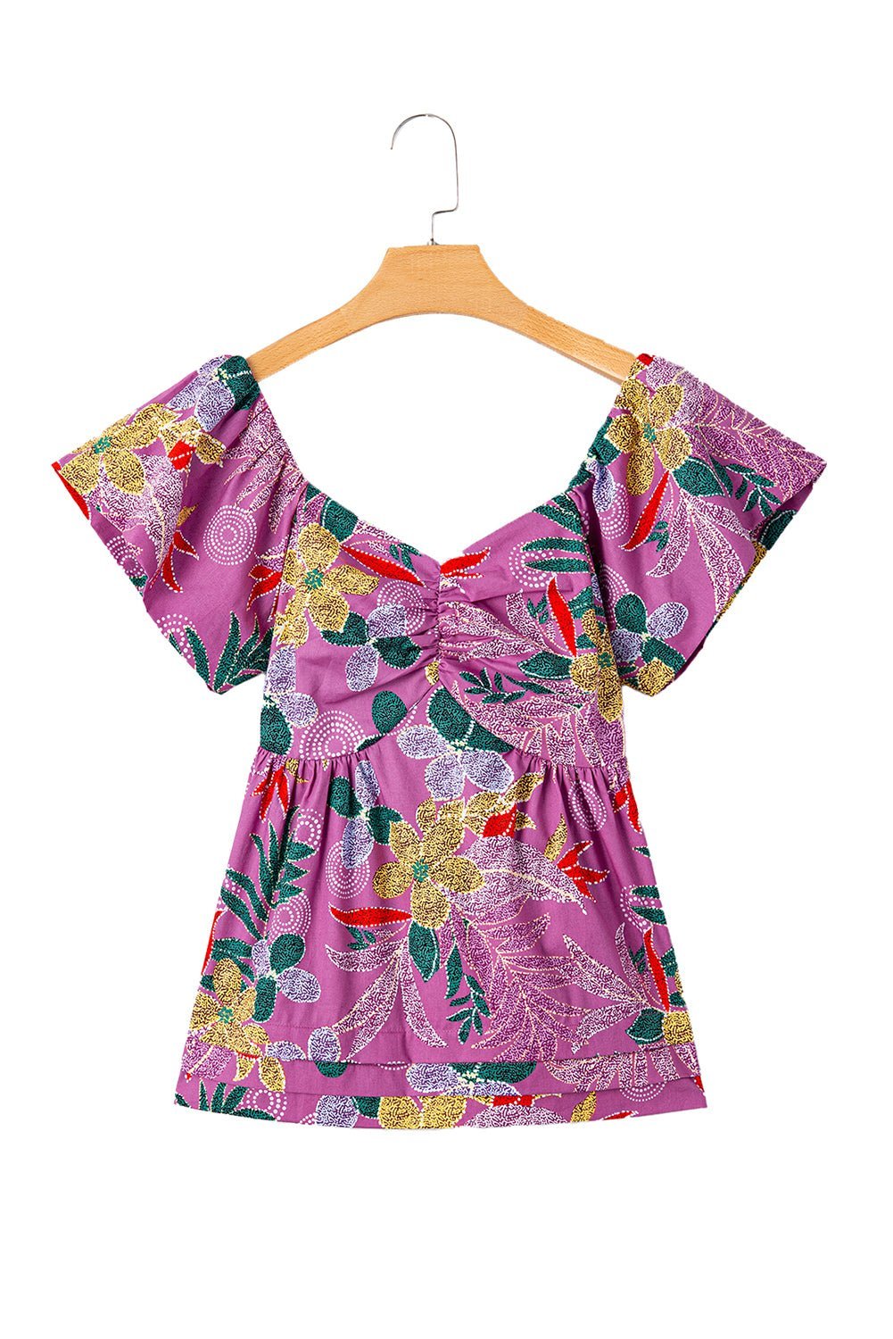 Purple Floral Print Sweetheart Neck Flutter Sleeve Blouse - MAD RUFFI