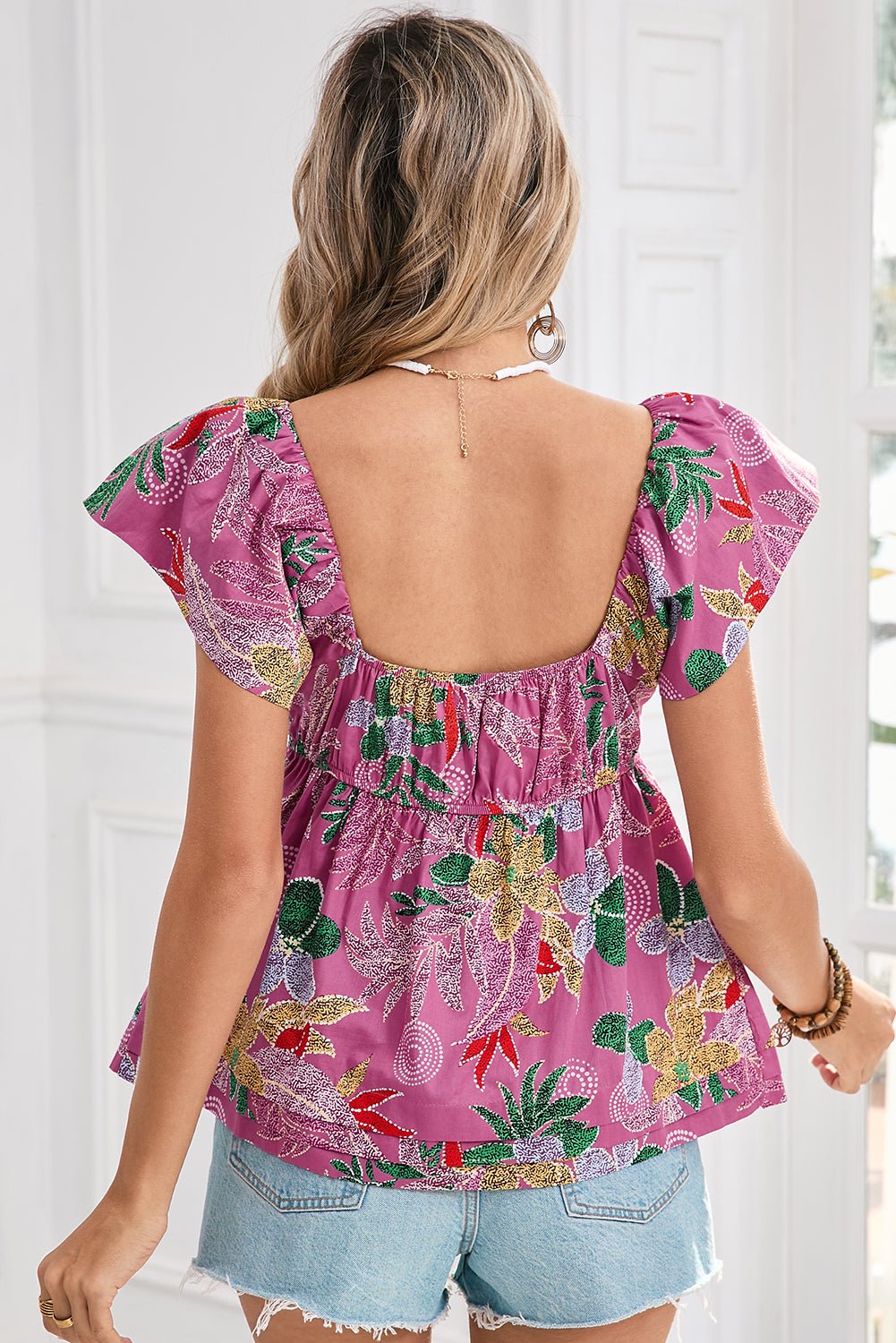 Purple Floral Print Sweetheart Neck Flutter Sleeve Blouse - MAD RUFFI