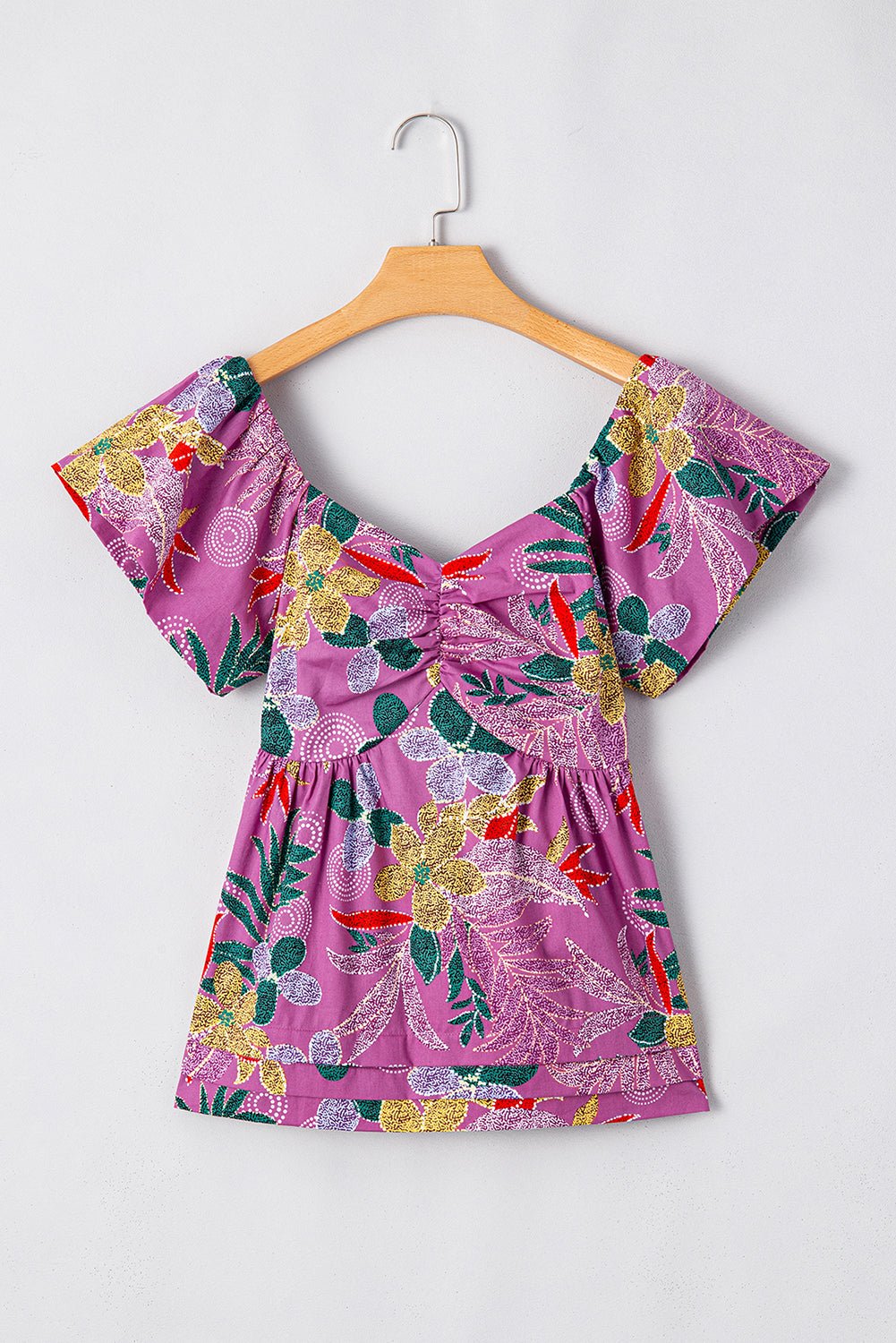 Purple Floral Print Sweetheart Neck Flutter Sleeve Blouse - MAD RUFFI