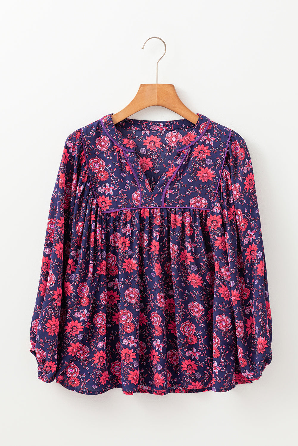 Purple Floral Puff Half Sleeve Split Neck Blouse - Blouses