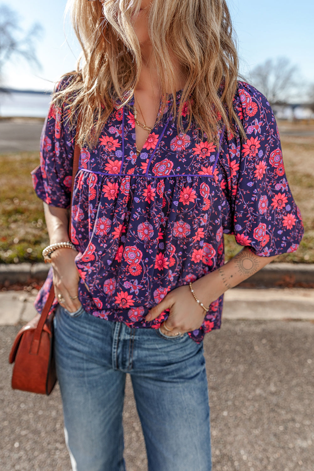 Purple Floral Puff Half Sleeve Split Neck Blouse - Blouses