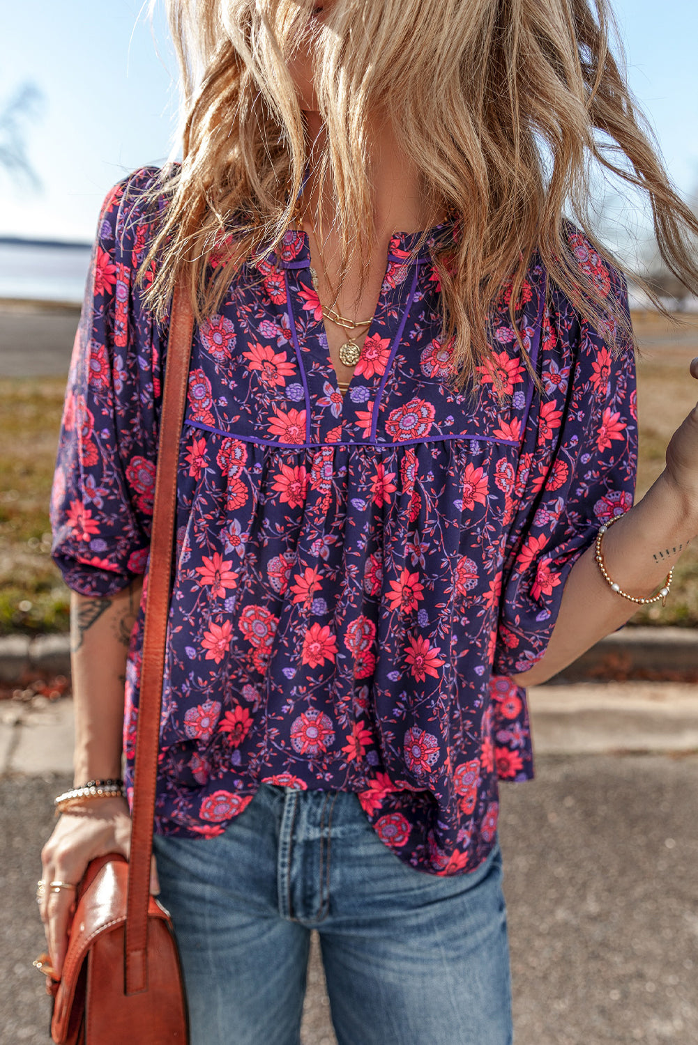 Purple Floral Puff Half Sleeve Split Neck Blouse - Blouses