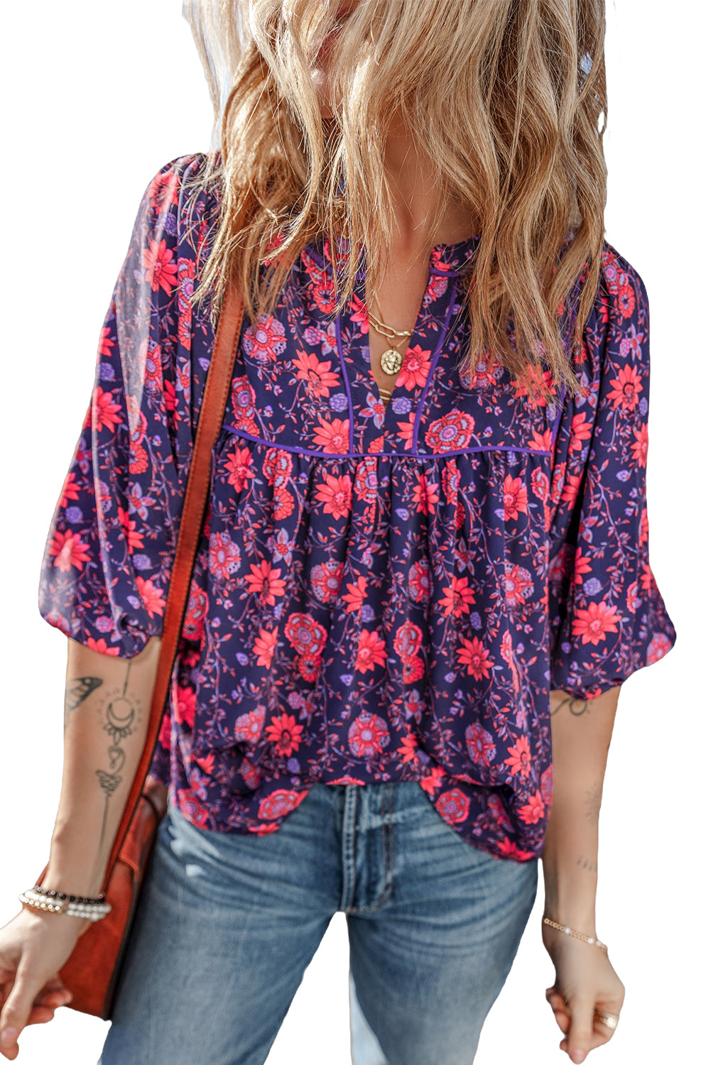 Purple Floral Puff Half Sleeve Split Neck Blouse - Blouses