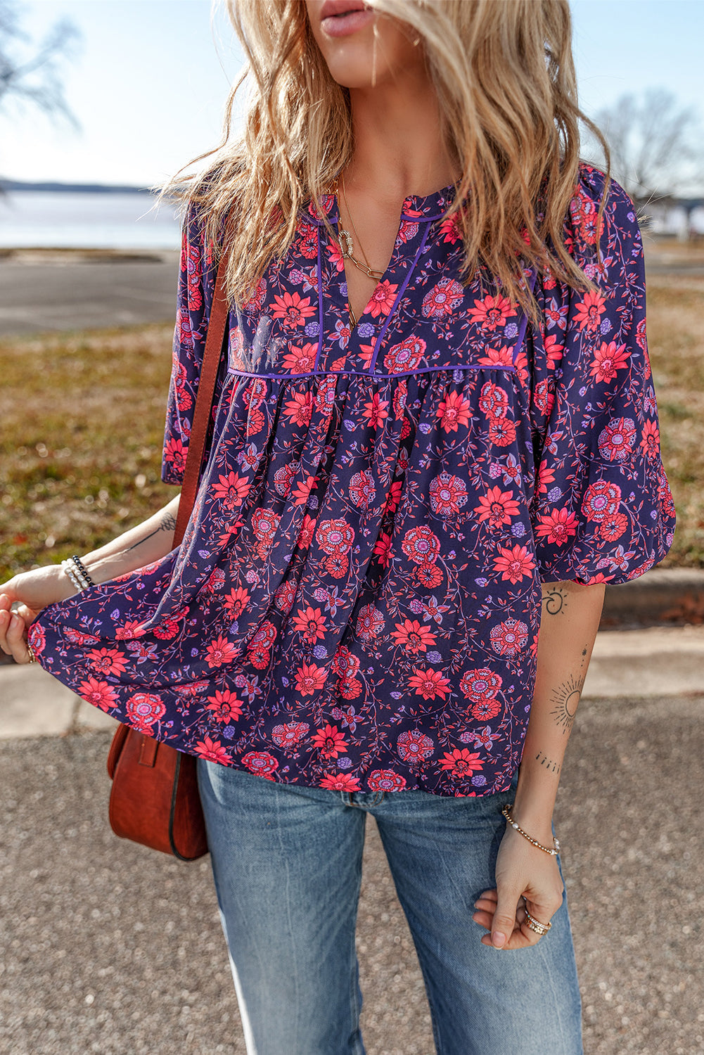 Purple Floral Puff Half Sleeve Split Neck Blouse - Blouses