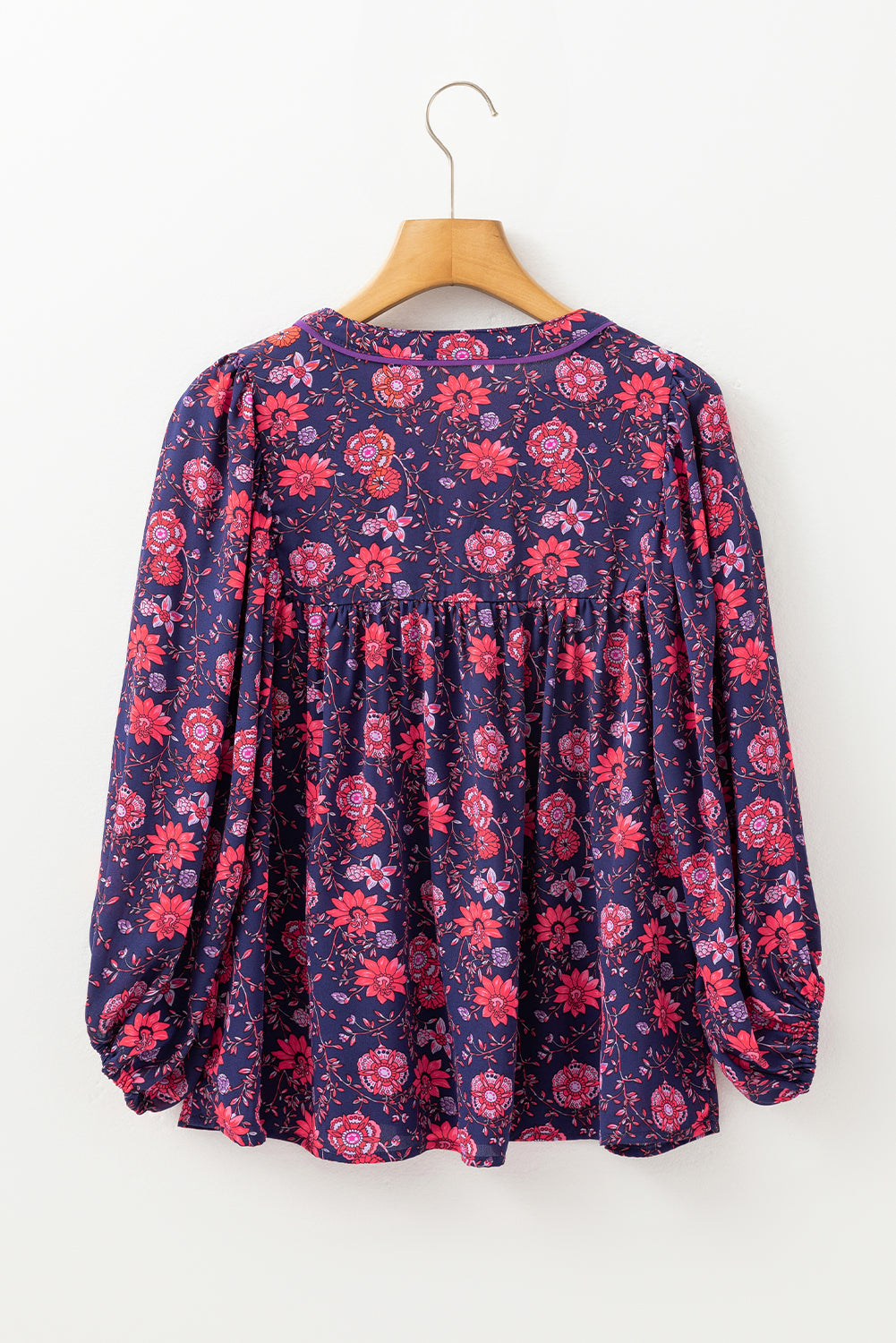 Purple Floral Puff Half Sleeve Split Neck Blouse - Blouses