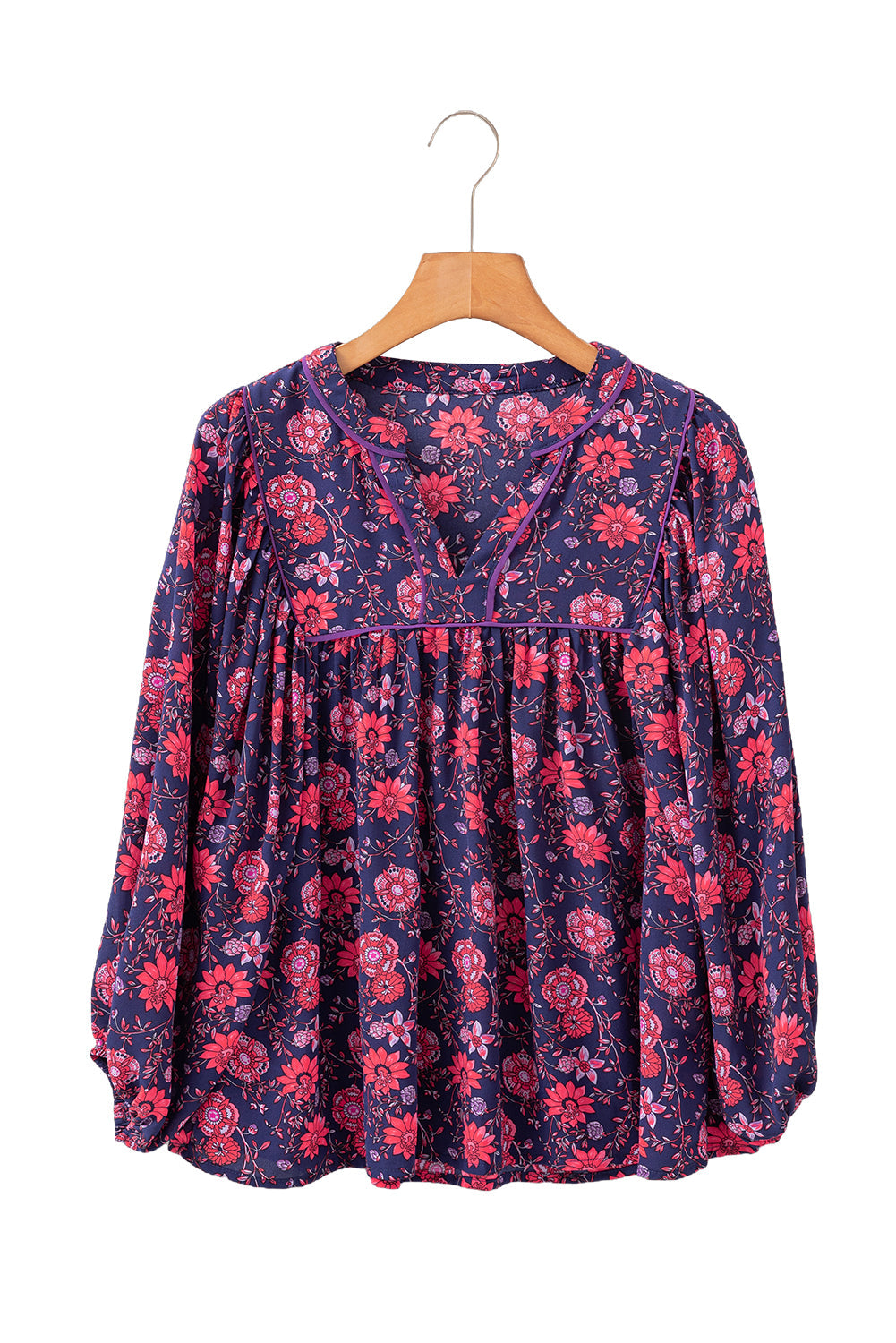 Purple Floral Puff Half Sleeve Split Neck Blouse - Blouses