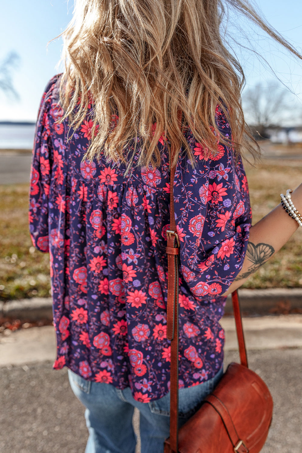 Purple Floral Puff Half Sleeve Split Neck Blouse - Blouses