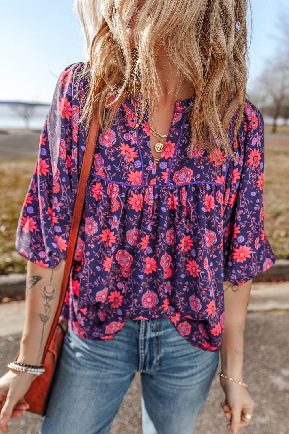 Purple Floral Puff Half Sleeve Split Neck Blouse - Purple / S - Blouses