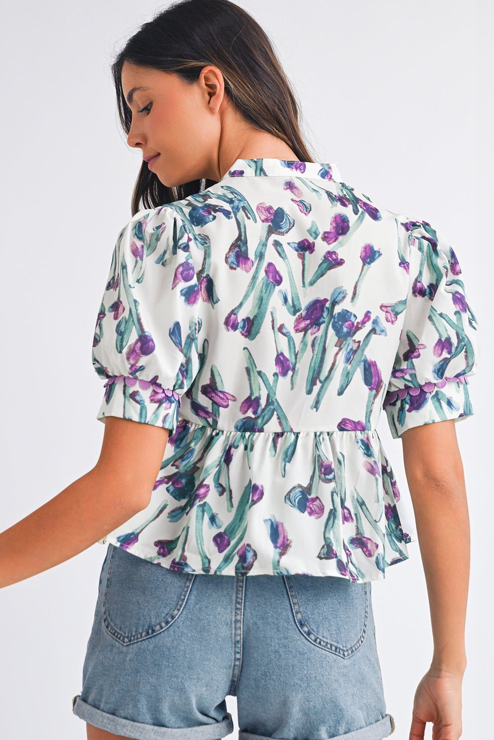 Purple Floral Ricrac Trim Puff Sleeve Peplum Blouse - MAD RUFFI