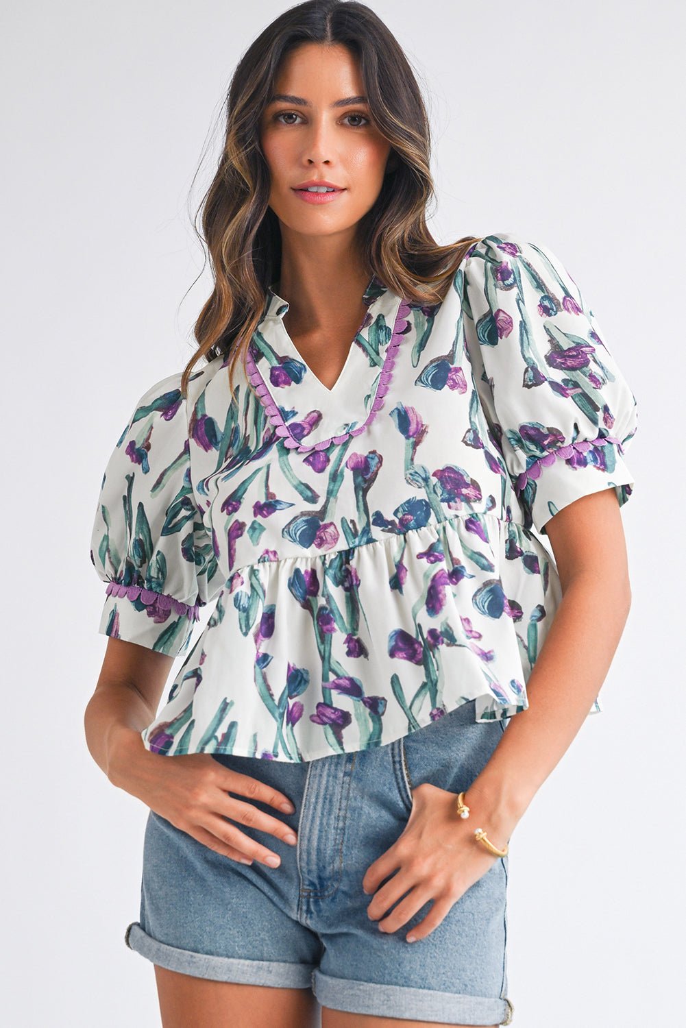Purple Floral Ricrac Trim Puff Sleeve Peplum Blouse - MAD RUFFI