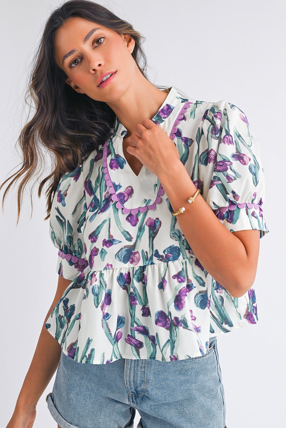 Purple Floral Ricrac Trim Puff Sleeve Peplum Blouse - MAD RUFFI