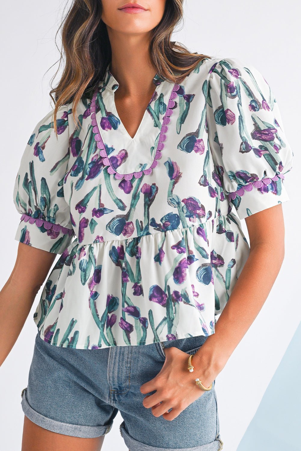 Purple Floral Ricrac Trim Puff Sleeve Peplum Blouse - MAD RUFFI