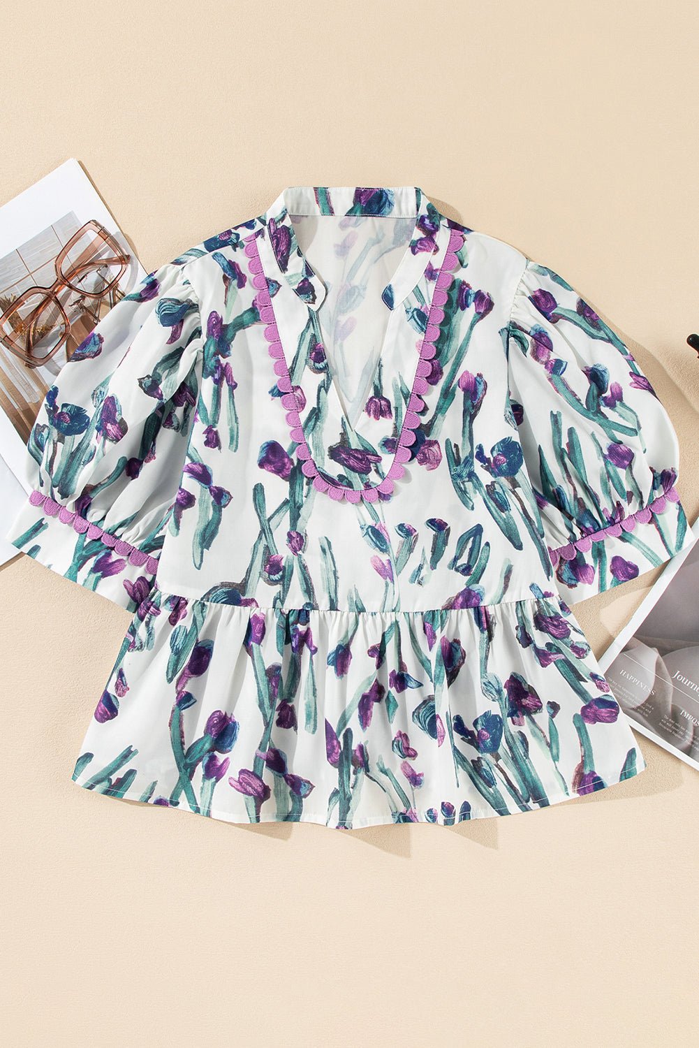 Purple Floral Ricrac Trim Puff Sleeve Peplum Blouse - MAD RUFFI