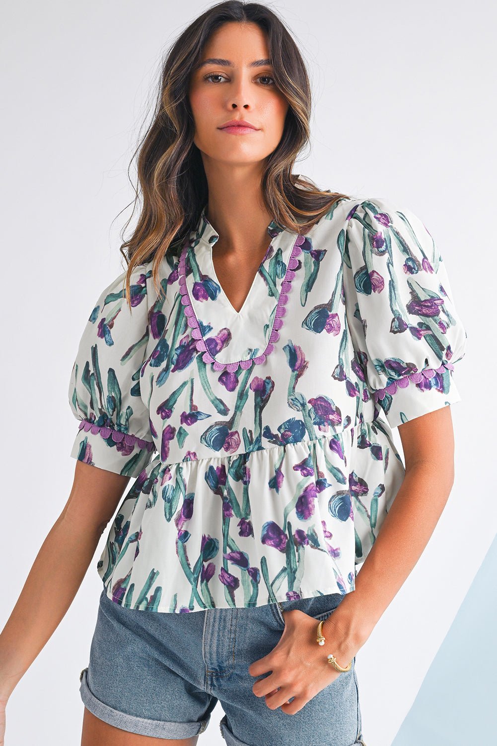 Purple Floral Ricrac Trim Puff Sleeve Peplum Blouse - MAD RUFFI