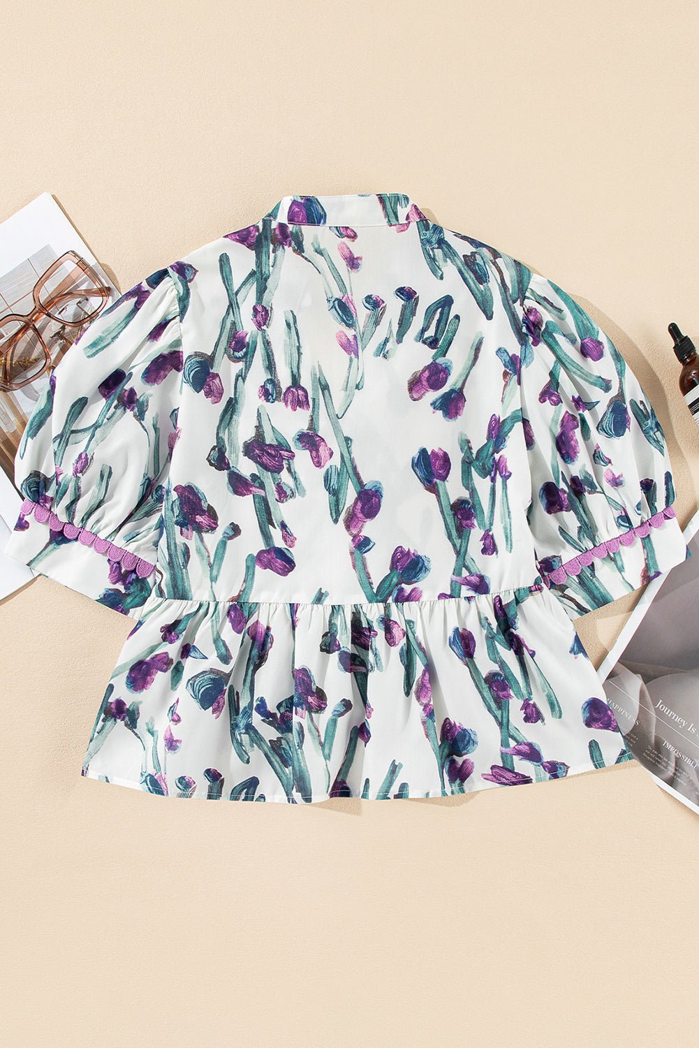 Purple Floral Ricrac Trim Puff Sleeve Peplum Blouse - MAD RUFFI