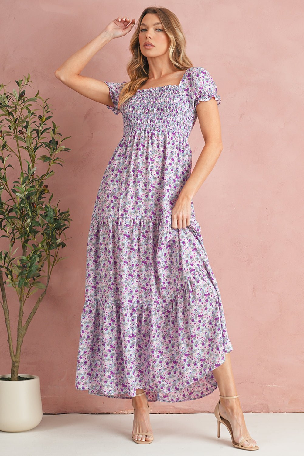 Purple Floral Short Bubble Sleeve Smocked High Waist Maxi Dress - MAD RUFFI