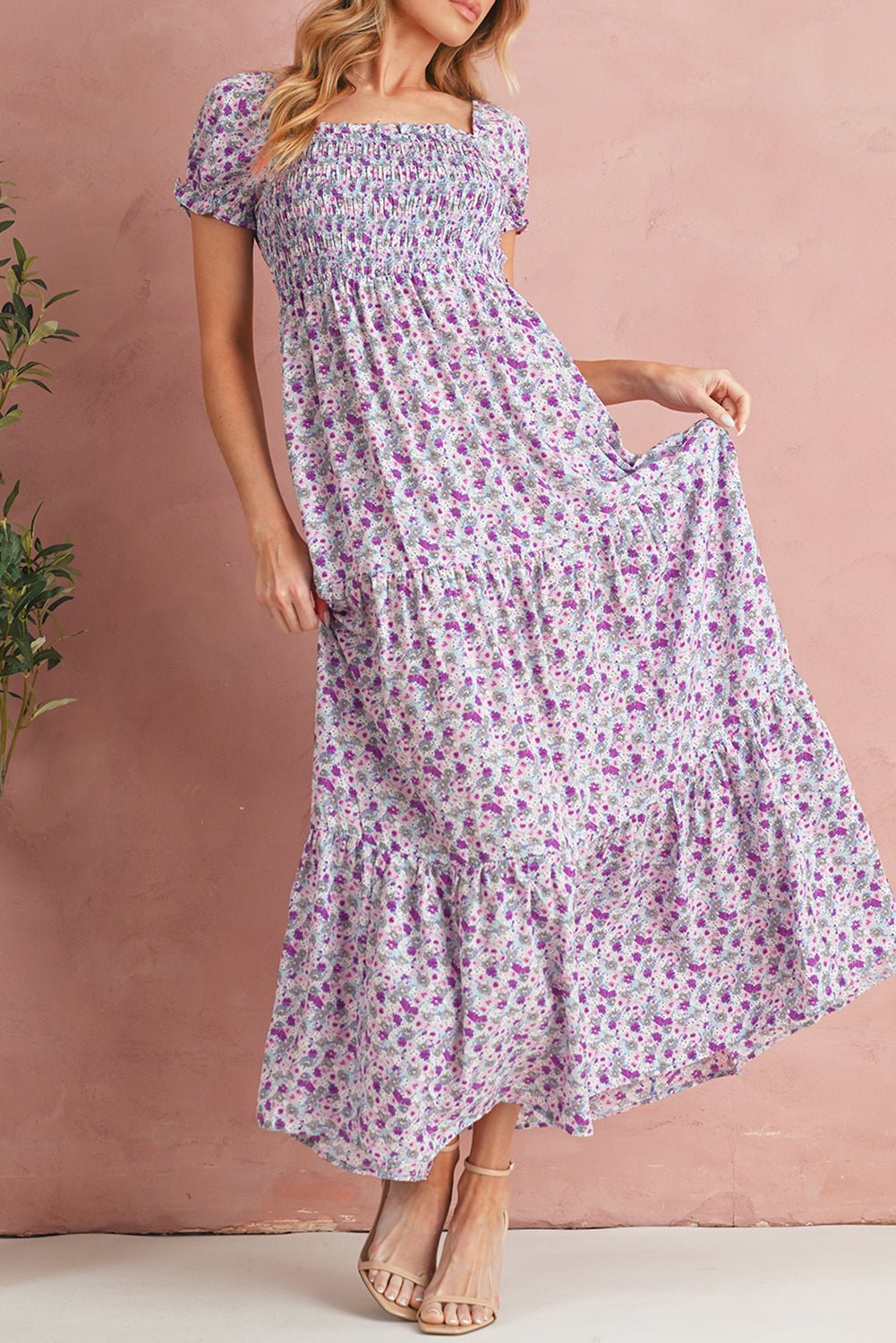 Purple Floral Short Bubble Sleeve Smocked High Waist Maxi Dress - MAD RUFFI
