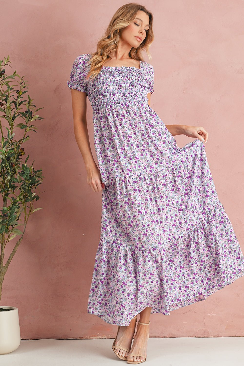 Purple Floral Short Bubble Sleeve Smocked High Waist Maxi Dress - MAD RUFFI