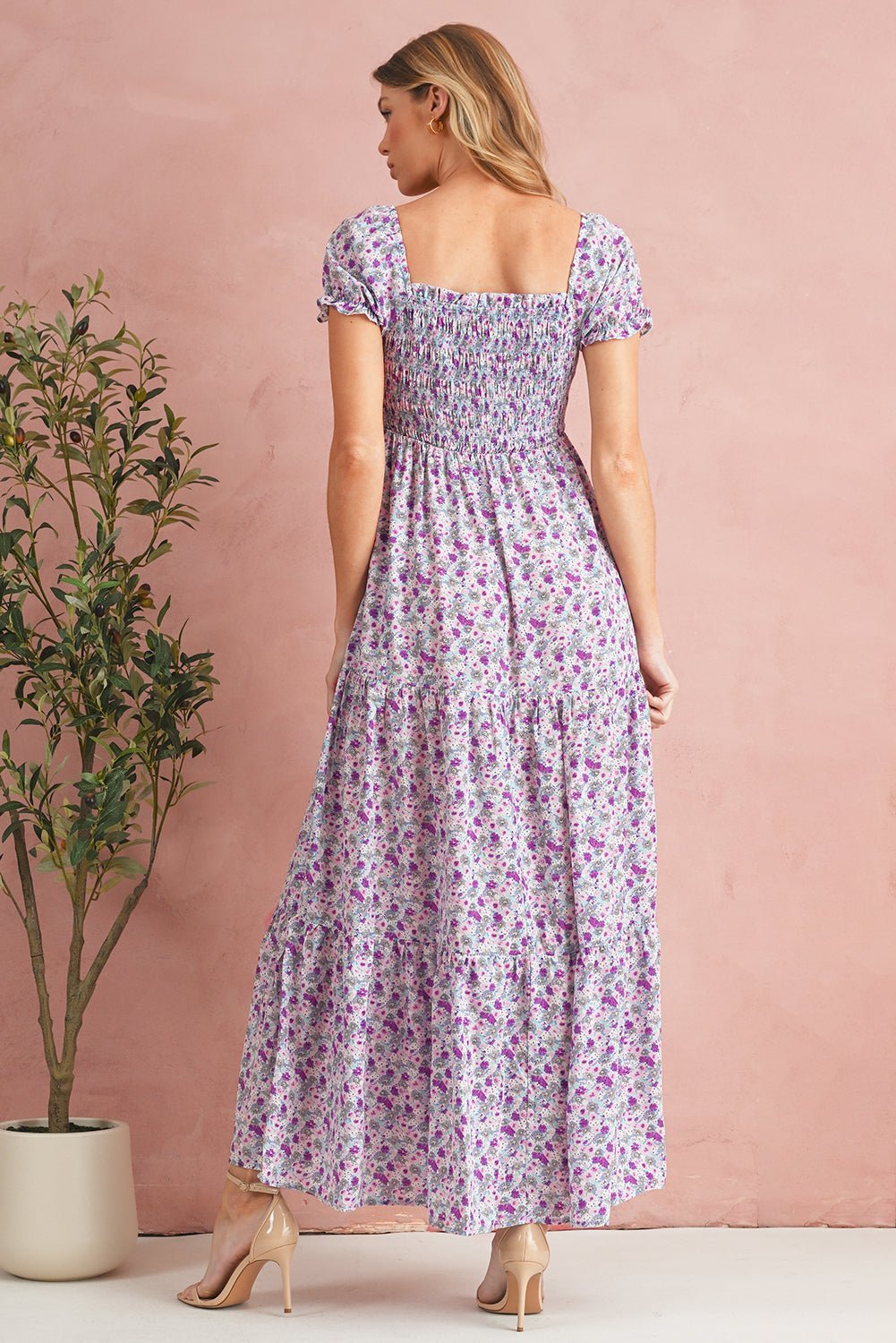 Purple Floral Short Bubble Sleeve Smocked High Waist Maxi Dress - MAD RUFFI