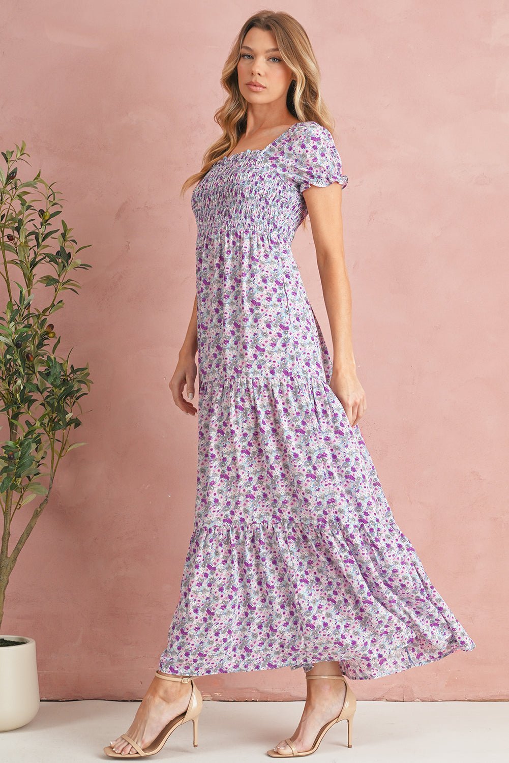 Purple Floral Short Bubble Sleeve Smocked High Waist Maxi Dress - MAD RUFFI