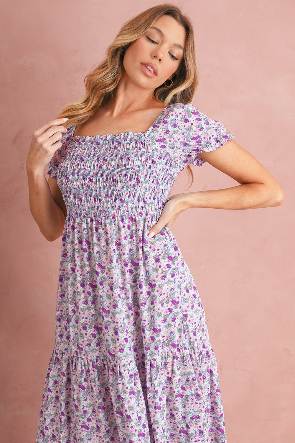 Purple Floral Short Bubble Sleeve Smocked High Waist Maxi Dress - MAD RUFFI