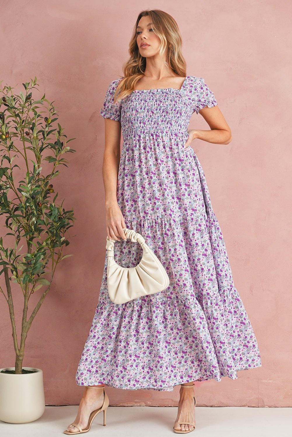 Purple Floral Short Bubble Sleeve Smocked High Waist Maxi Dress - MAD RUFFI