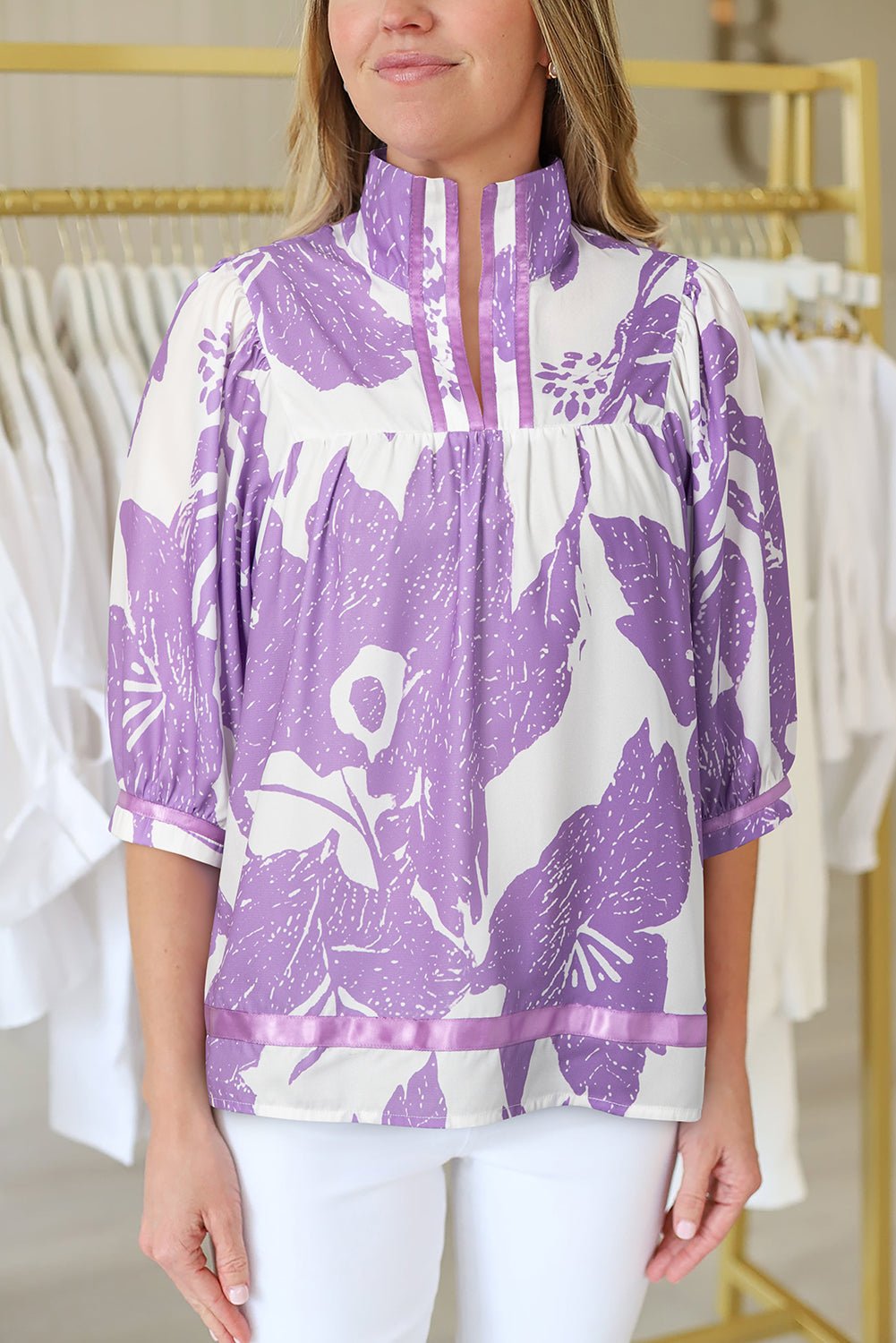 Purple Floral V - Neck Bubble Sleeve Blouse - MAD RUFFI