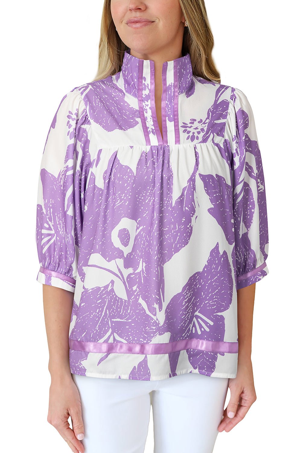 Purple Floral V - Neck Bubble Sleeve Blouse - MAD RUFFI