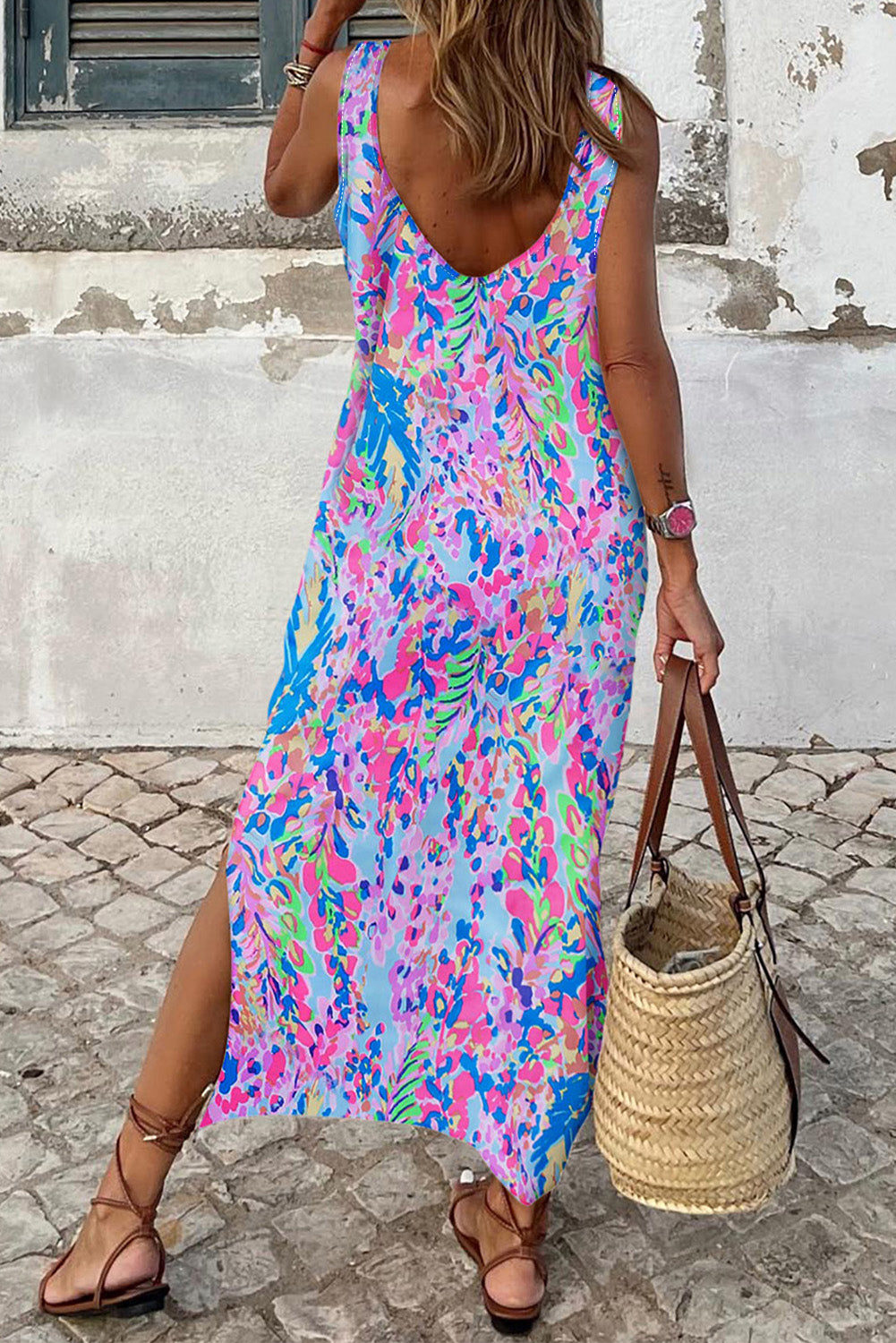 Purple Fluorescent Printed Round Neck	 Sleeveless Maxi Dress - MAD RUFFI