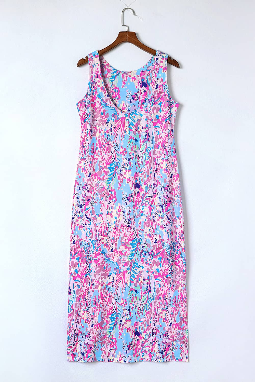 Purple Fluorescent Printed Round Neck	 Sleeveless Maxi Dress - MAD RUFFI