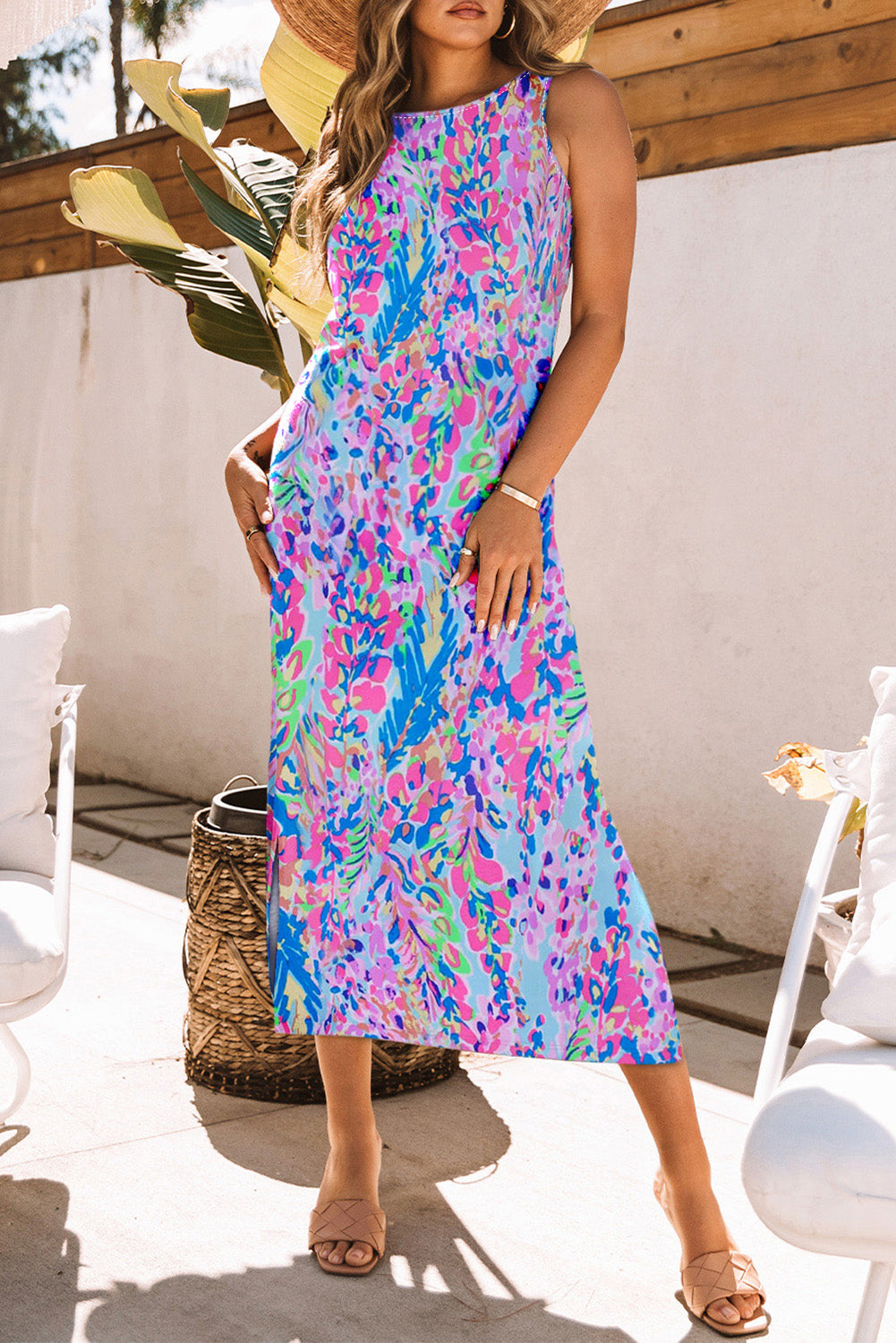 Purple Fluorescent Printed Round Neck	 Sleeveless Maxi Dress - MAD RUFFI