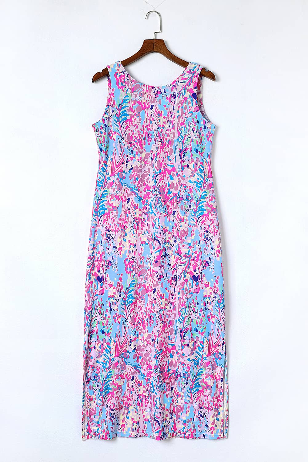 Purple Fluorescent Printed Round Neck	 Sleeveless Maxi Dress - MAD RUFFI