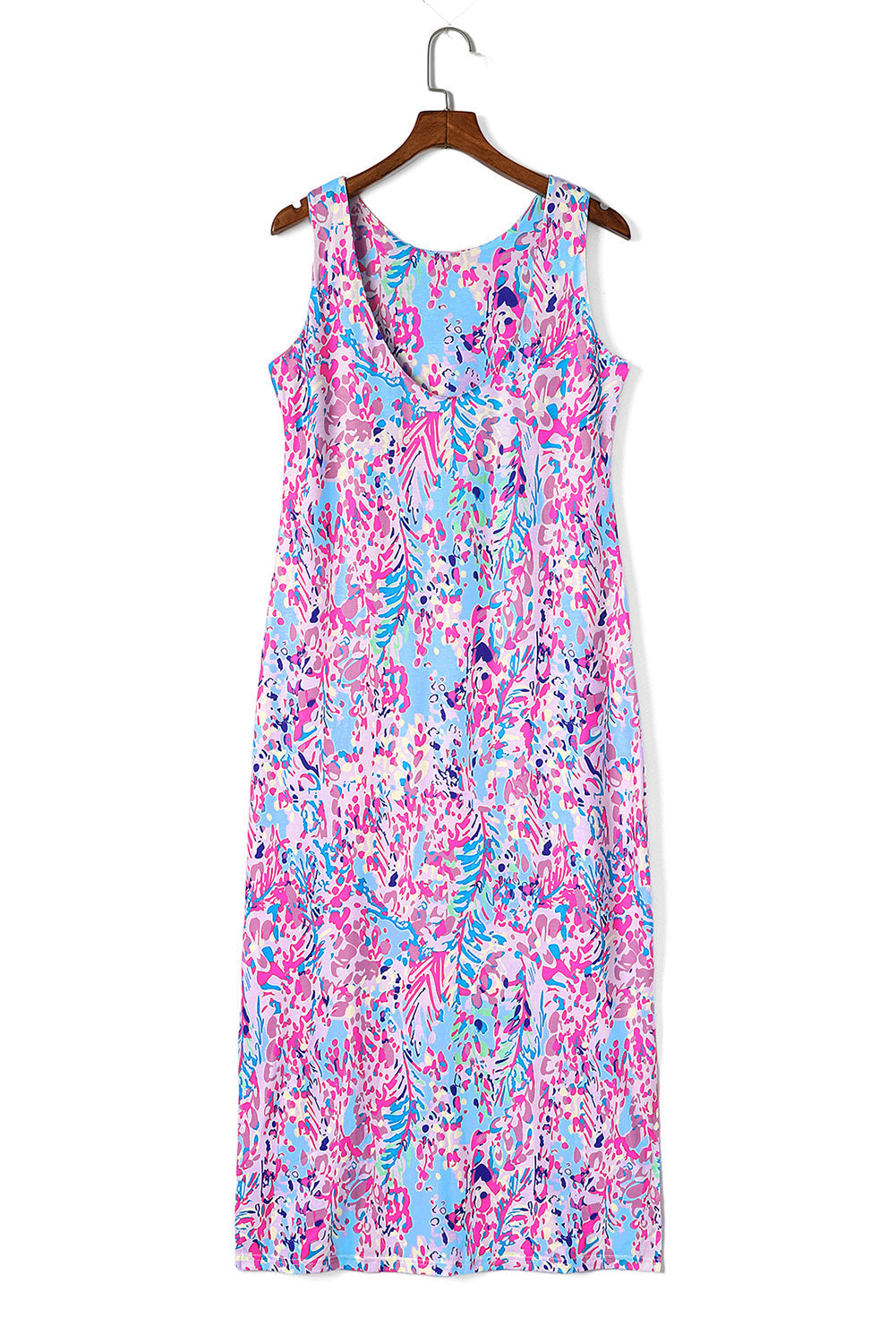 Purple Fluorescent Printed Round Neck	 Sleeveless Maxi Dress - MAD RUFFI