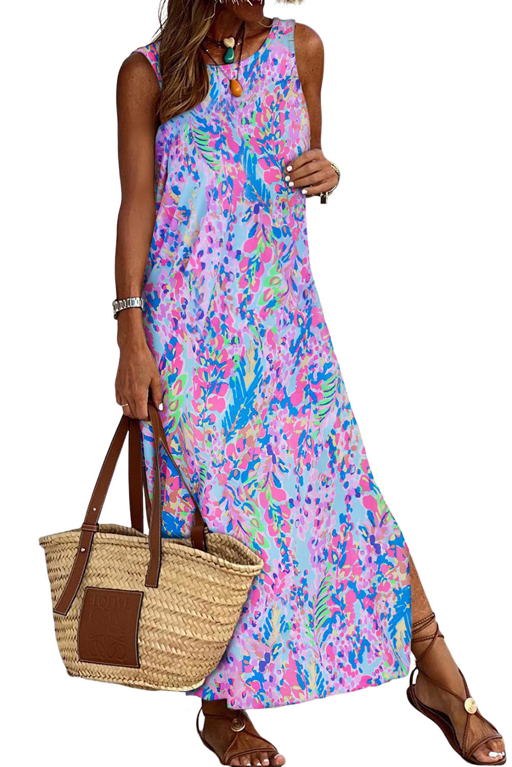 Purple Fluorescent Printed Round Neck	 Sleeveless Maxi Dress - MAD RUFFI