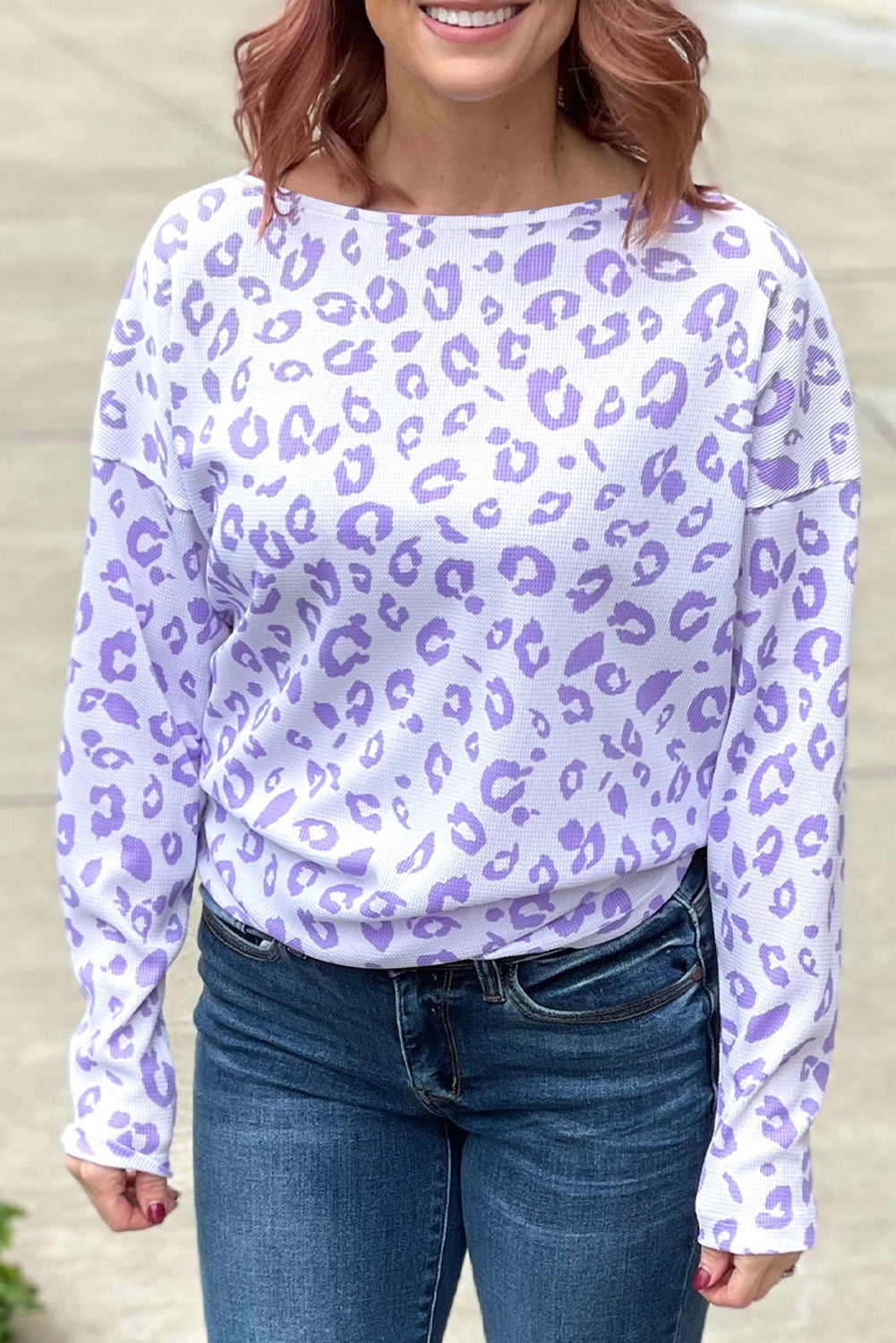 Purple Leopard Print Boat Neck Drop Shoulder Waffle Knit Plus Size Top - Purple / 1X - Plus Size Tops